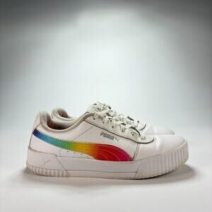 PUMA Carina Leather Rainbow Stripe White Sneakers 381709-01 Youth Girls Size 6.5